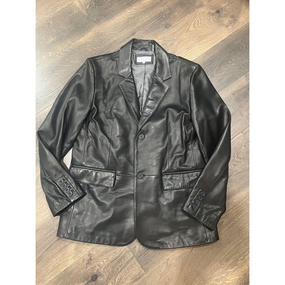 Pelle Studio Genuine Leather Blazer Jacket Womens L Black Two Button Lapel